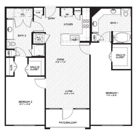 Floor plan for 2 beds, 2 baths, 1234 sqft